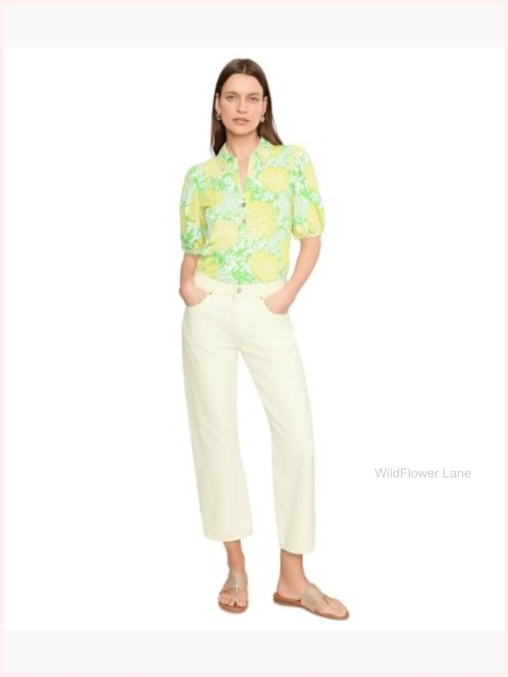 Cotton Knit Blouse with Collar and Short Puffed Sleeves - Picture 2 of 5
